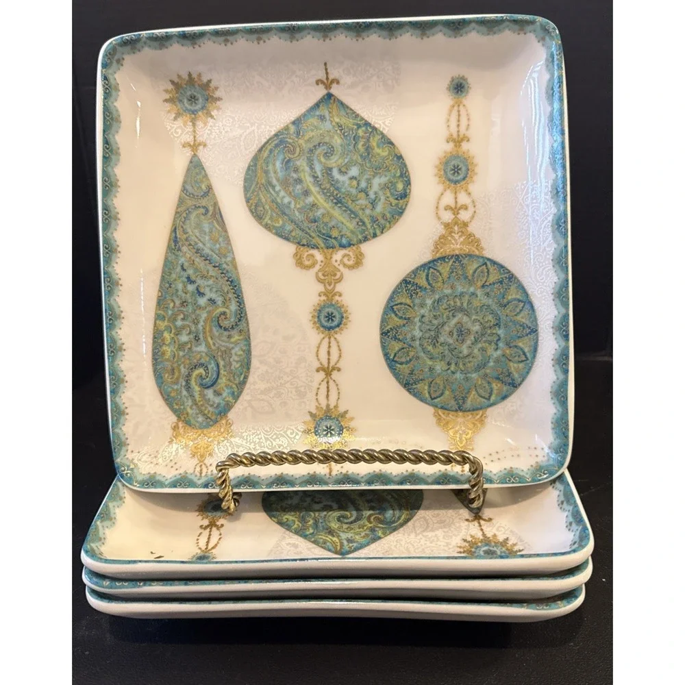 222 FIFTH Constantine Turquoise Ornament Set of 4‎ Square Dessert Plates 6.5